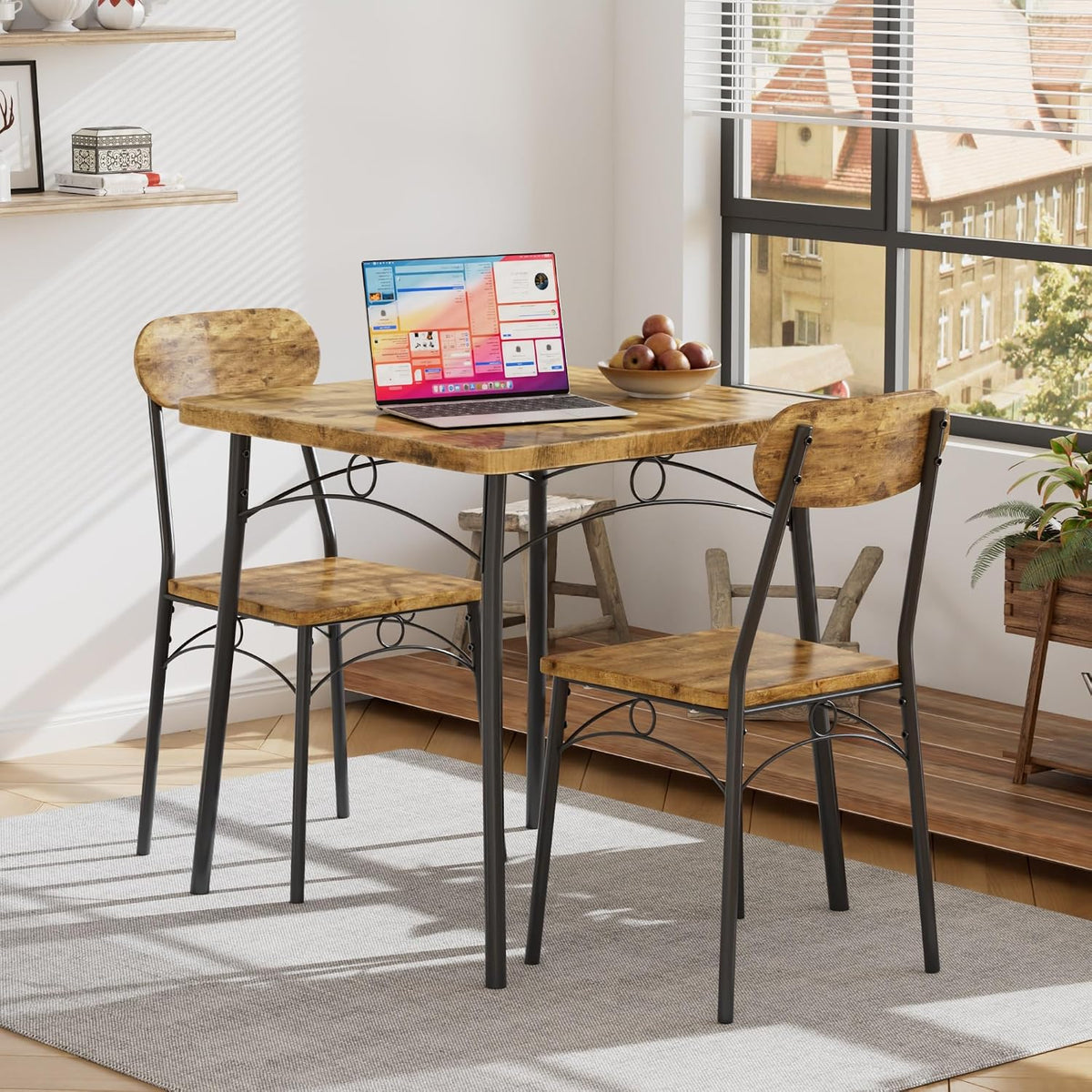 VECELO 3 Piece Small Dining Table Set for 2, Metal and Wood Square Kitchen Dinette for Breakfast Nook, Dining Room, Apartment, Saving Space, Rustic Brown