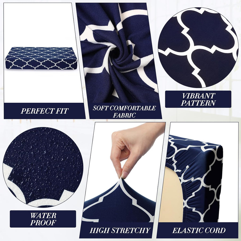 Newwiee 8 Pcs Outdoor Patio Cushion Covers,Stretch Waterproof Replacement Covers, Washable Moroccan Trellis Sofa Slipcovers for Patio Garden Balcony Couch Furniture Protector, 2 Sizes(Navy Blue)