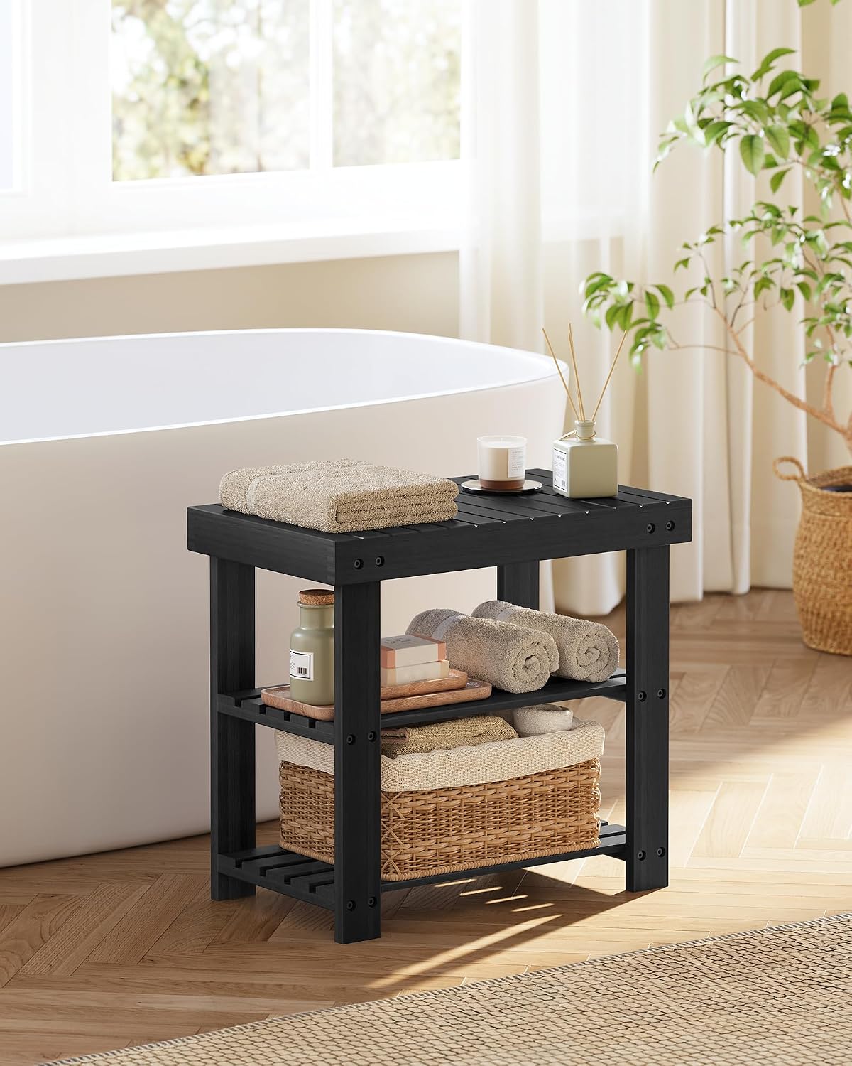 songmics shoe rack bench, 3-tier bamboo entryway bench showing dimensions