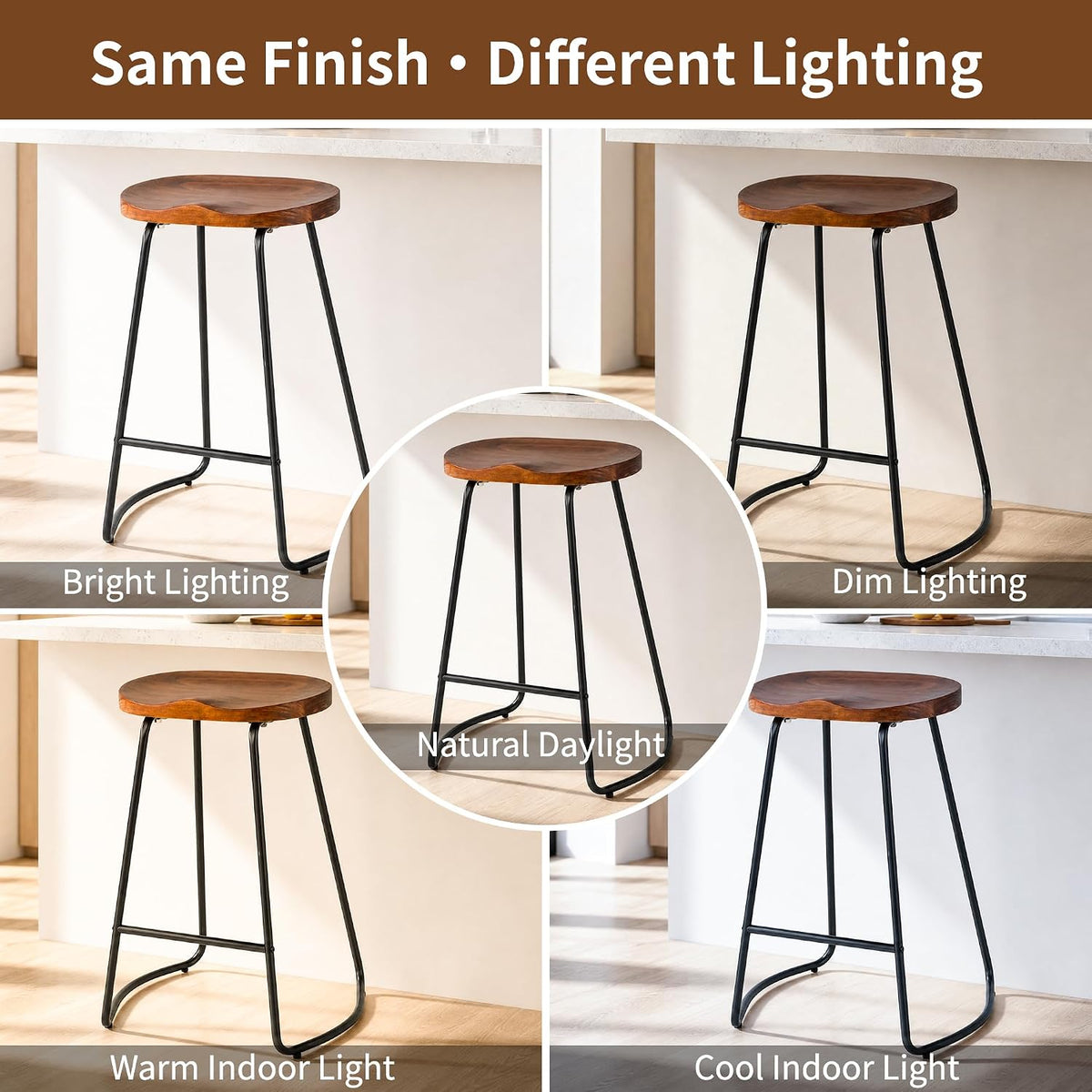 HeuGah Wood Bar Stools Set of 3, 30" Backless Saddle Seat Barstools