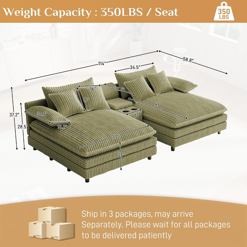 114" Oversized Double Chaise Lounge, Corduroy Sofa Bed with Storage,Green