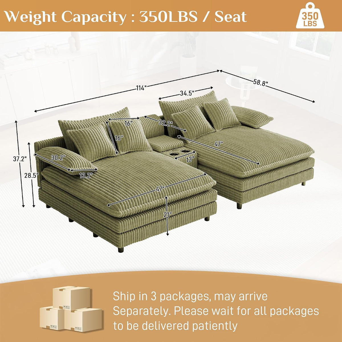 114" Oversized Double Chaise Lounge, Corduroy Sofa Bed with Storage,Green