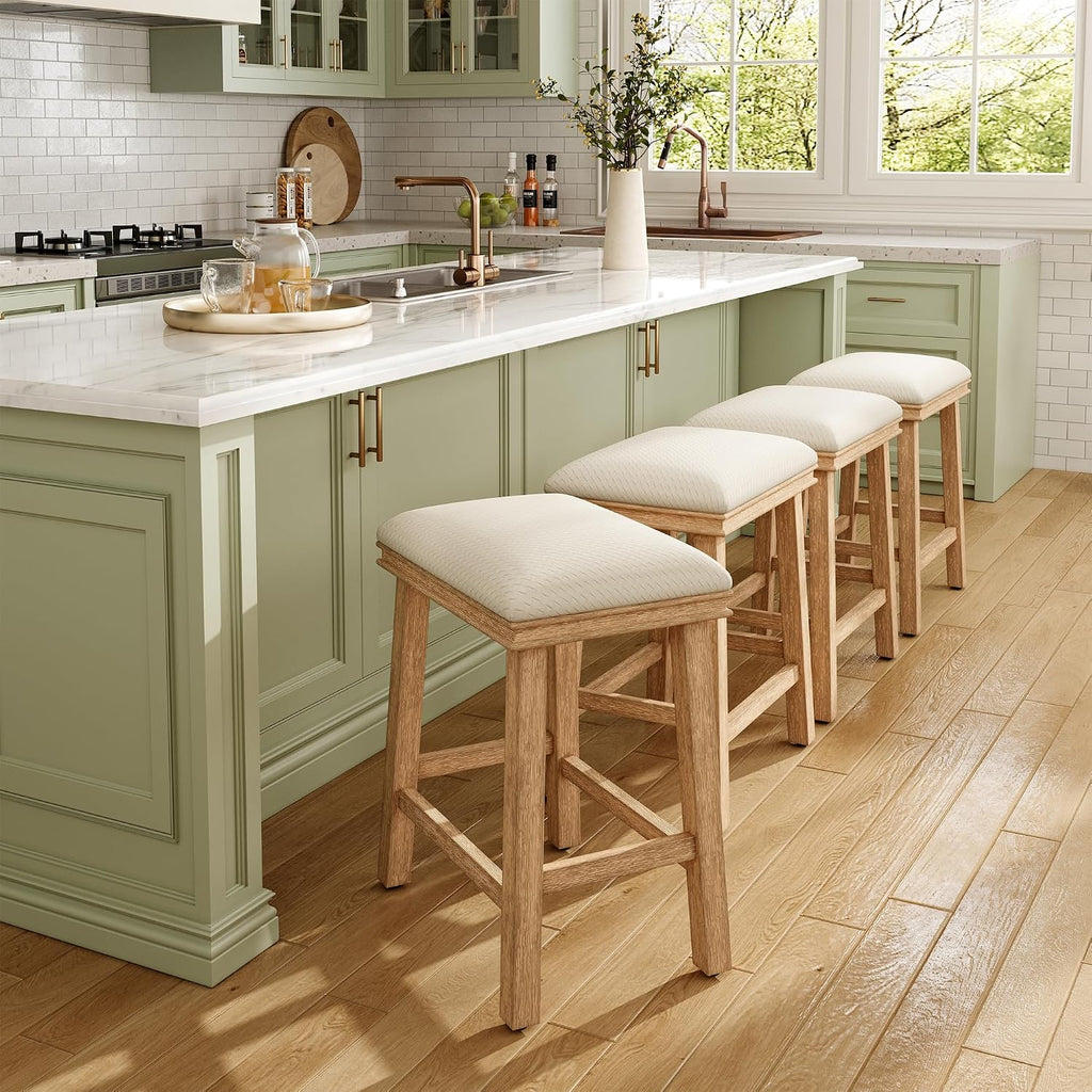 MAISON ARTS White Bar Stools Set of 4, Solid Wood Kitchen Stools