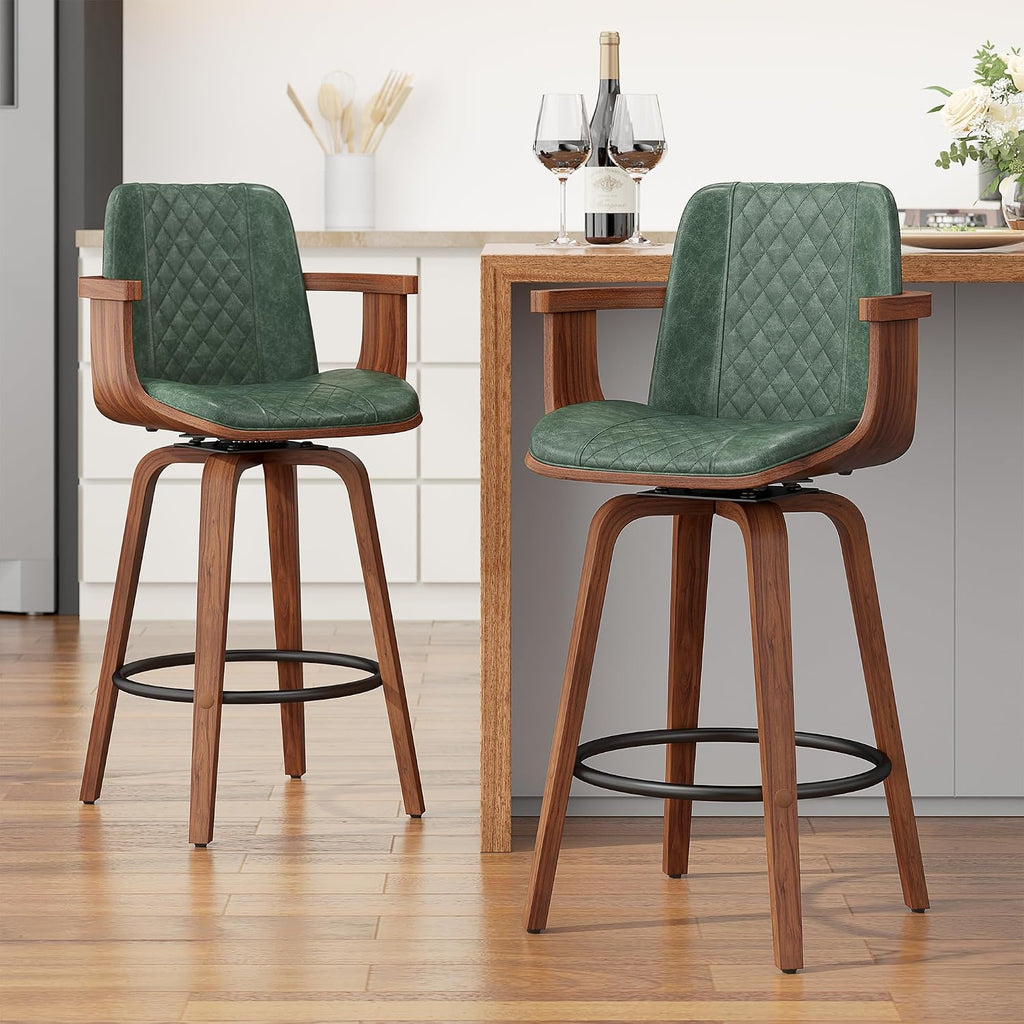 YaFiti Bar Stools Set of 2, 26" Bentwood Counter Stools with Arms, Green