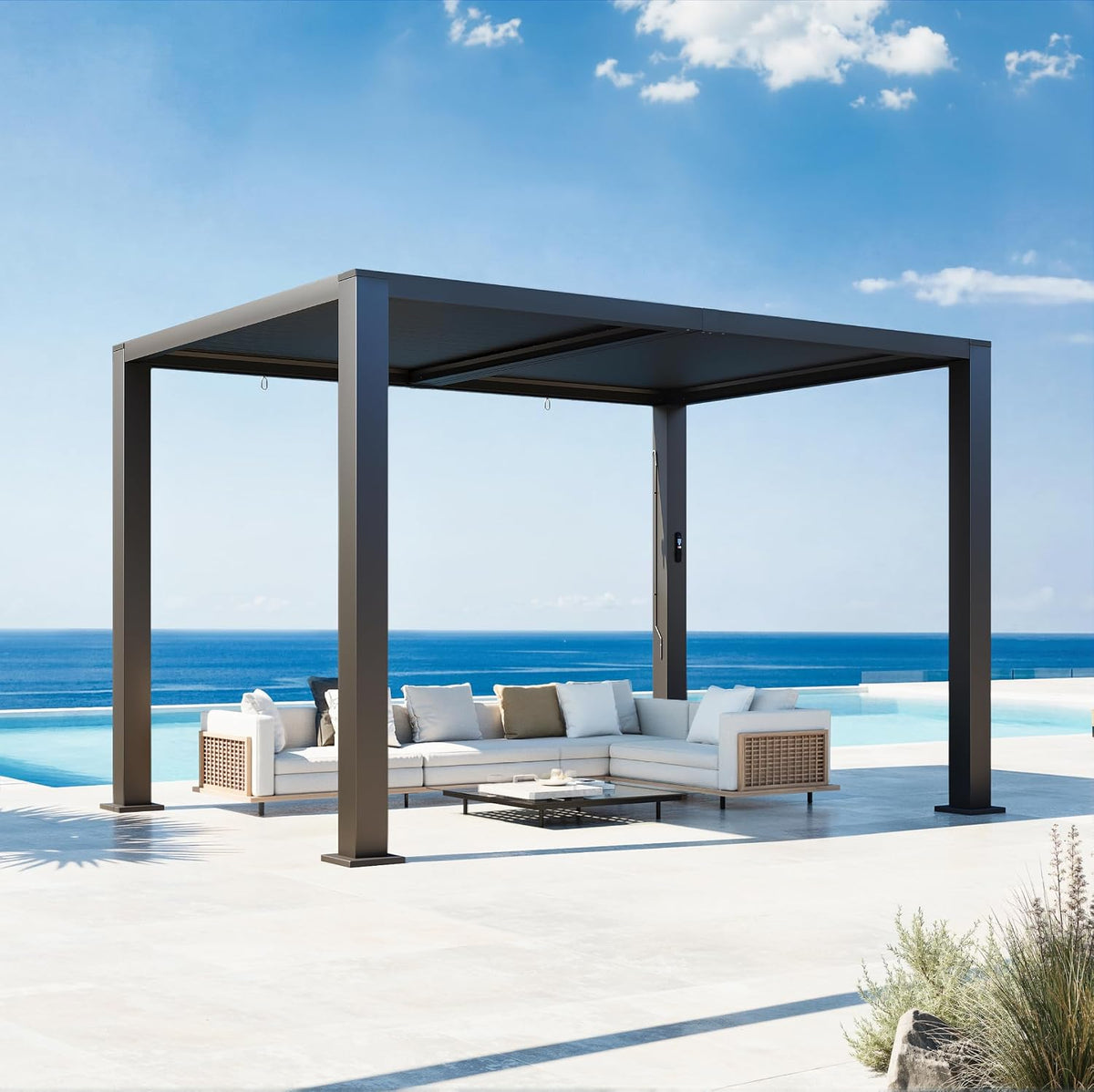Aoxun Louvered Pergola Motorized 9' x 12' with LED Lights,Black Grey
