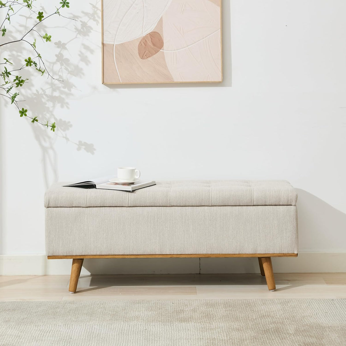 Storage Ottoman Bench, 45" End of Bed Bench, Beige