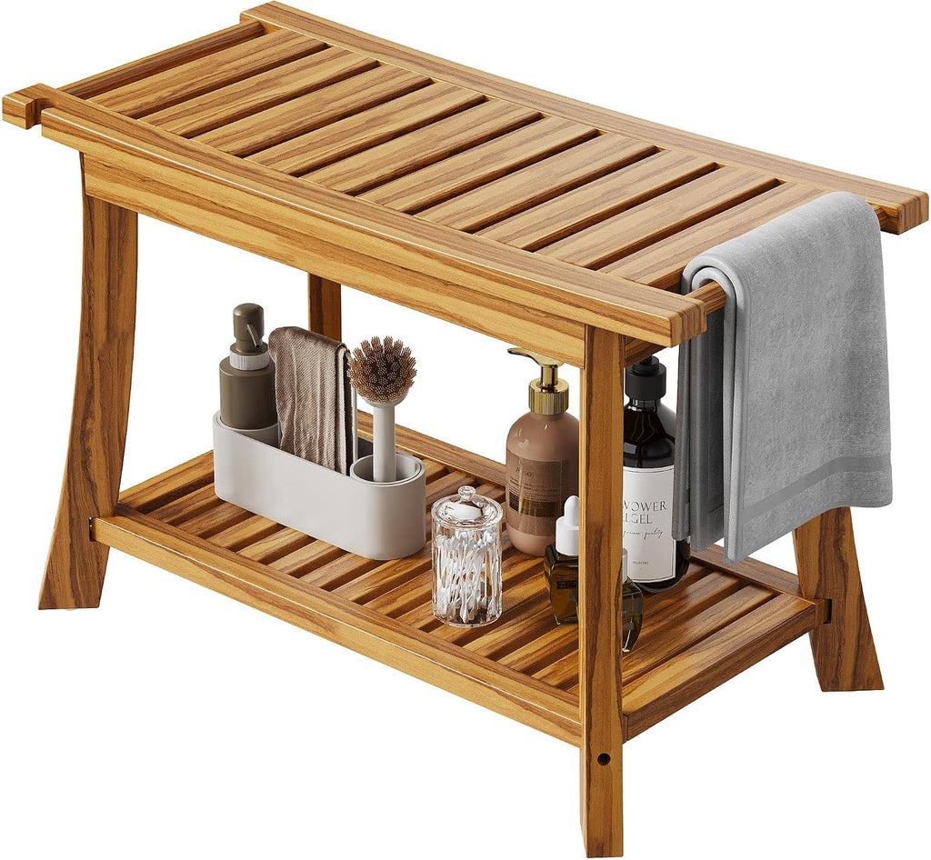 24" Teak Shower Bench with Handles & Towel Shelf