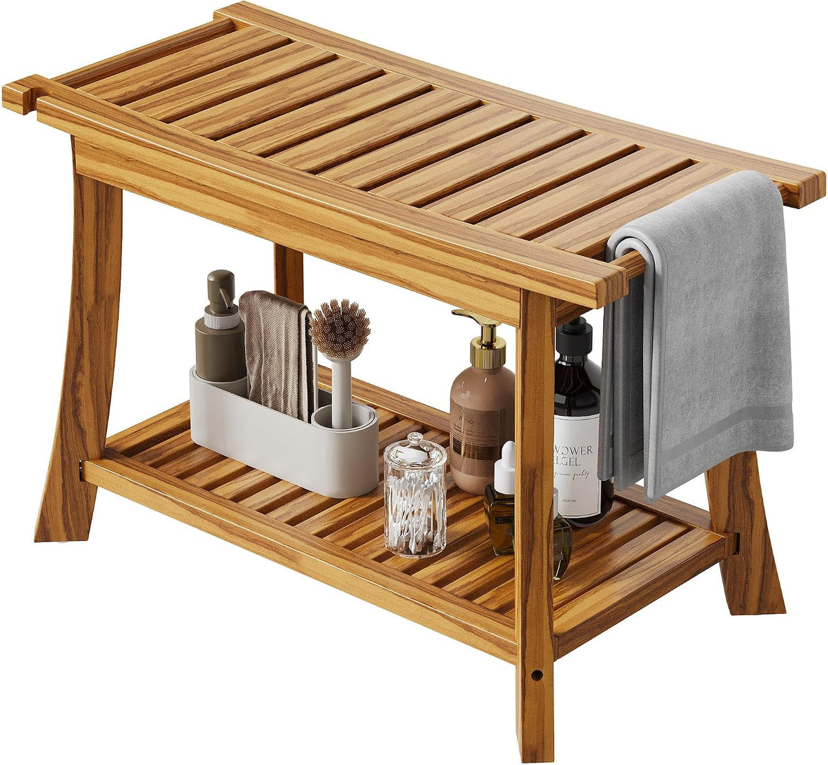 24" Teak Shower Bench with Handles & Towel Shelf