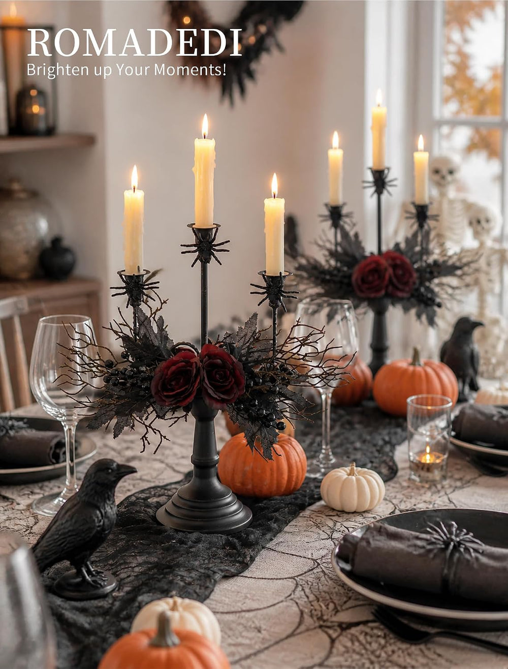 Romadedi Black Halloween Candelabra, Gothic Candlestick Holder, 15.7 in