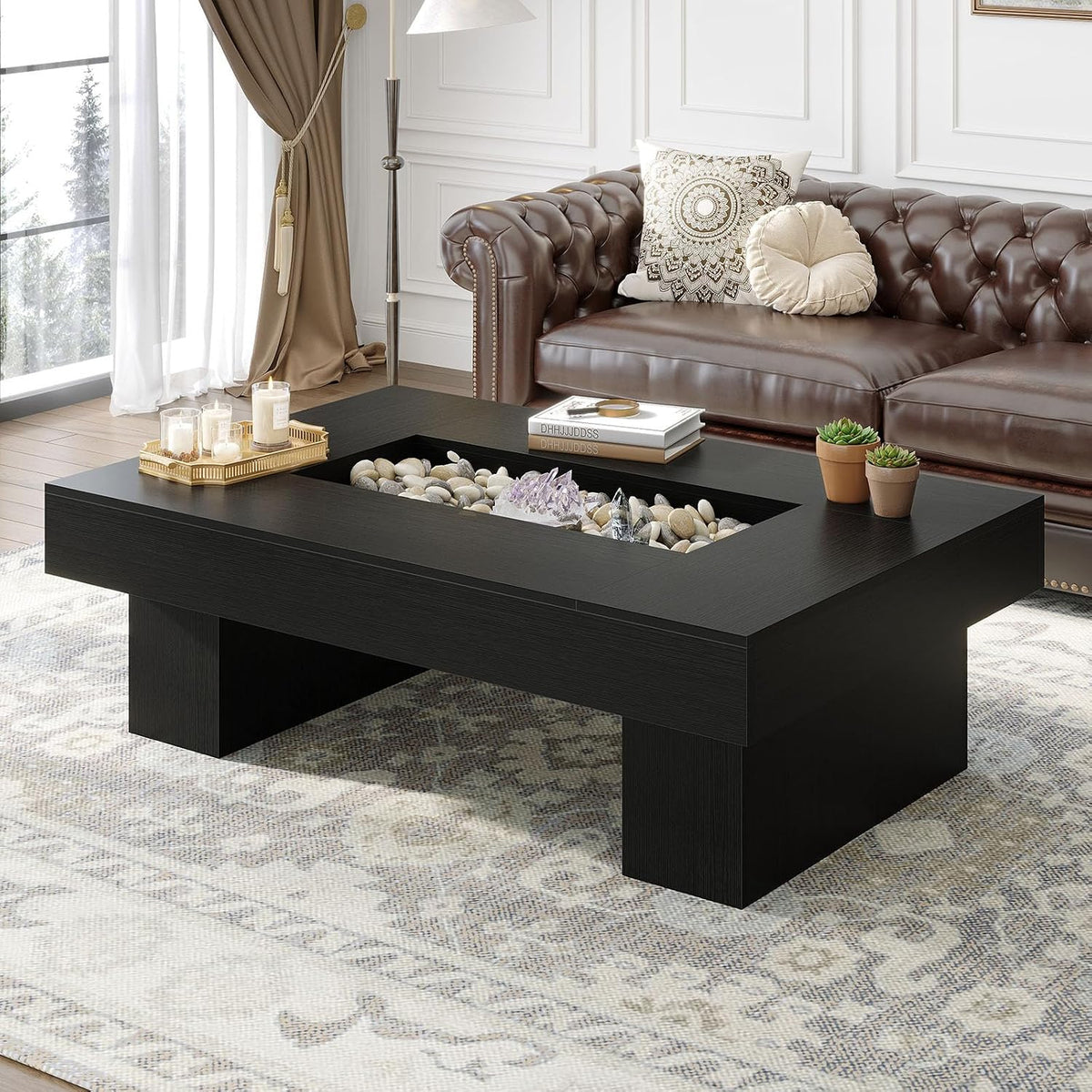 LVB 47"X31" Large Rectangle Black Oak Coffee Table with Storage Living Room