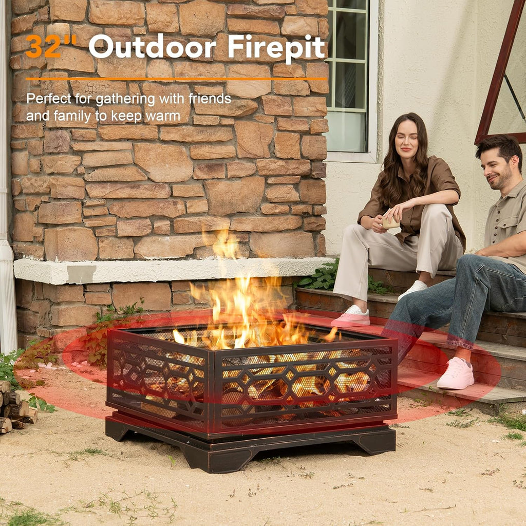 32 inch outdoor fire pit, wood burning outside shown in use