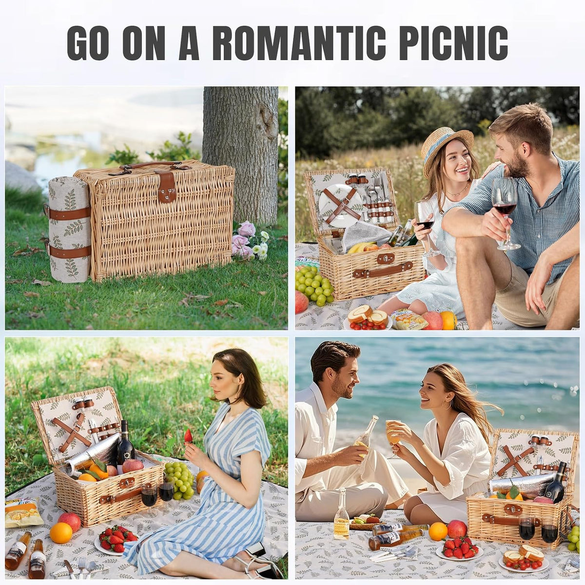 HappyPicnic Picnic Basket Set for 2, Durable Wicker with Cutlery Kit