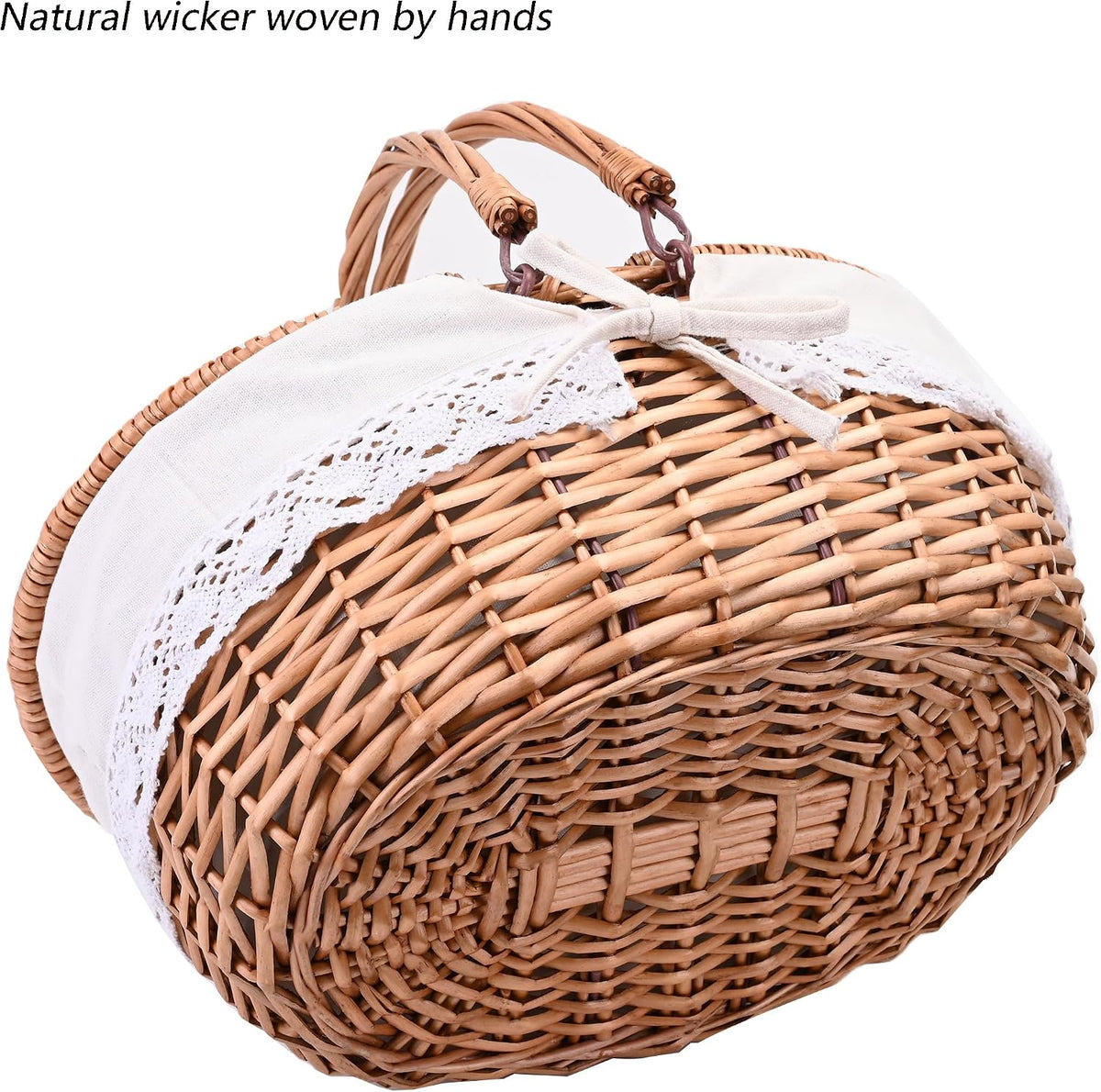 Wicker Picnic Basket with Removable Liner Empty Picnic Baskets with Lid, Picnic Hamper with Foldable Handles for Picnic 2, Natural Color, Large