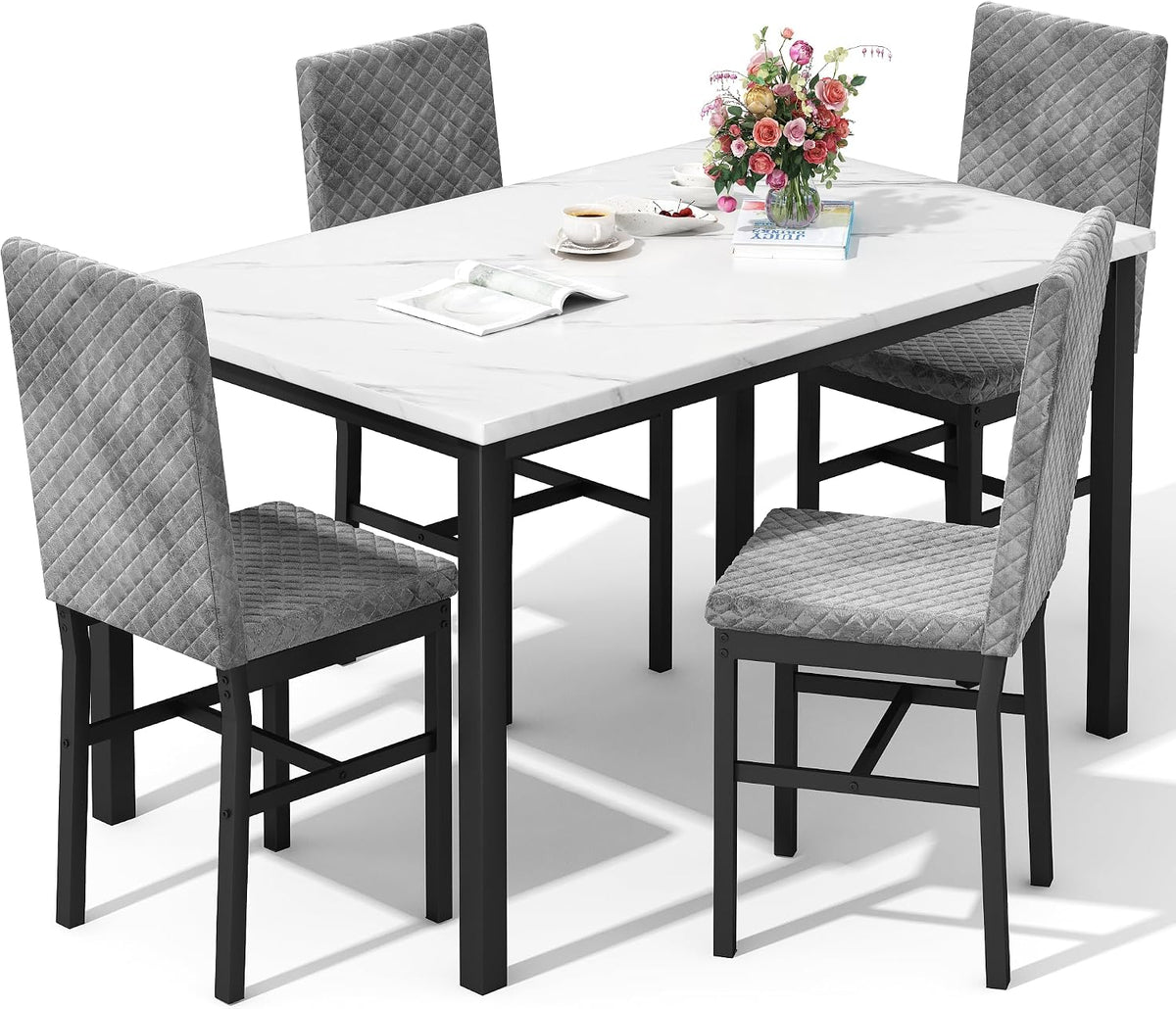DKLGG Dining Table Set for 4, Faux Marble Kitchen Table with Velvet Upholstered Dinner Chairs, Small Dining Room Sets for Small Space Apartment Home