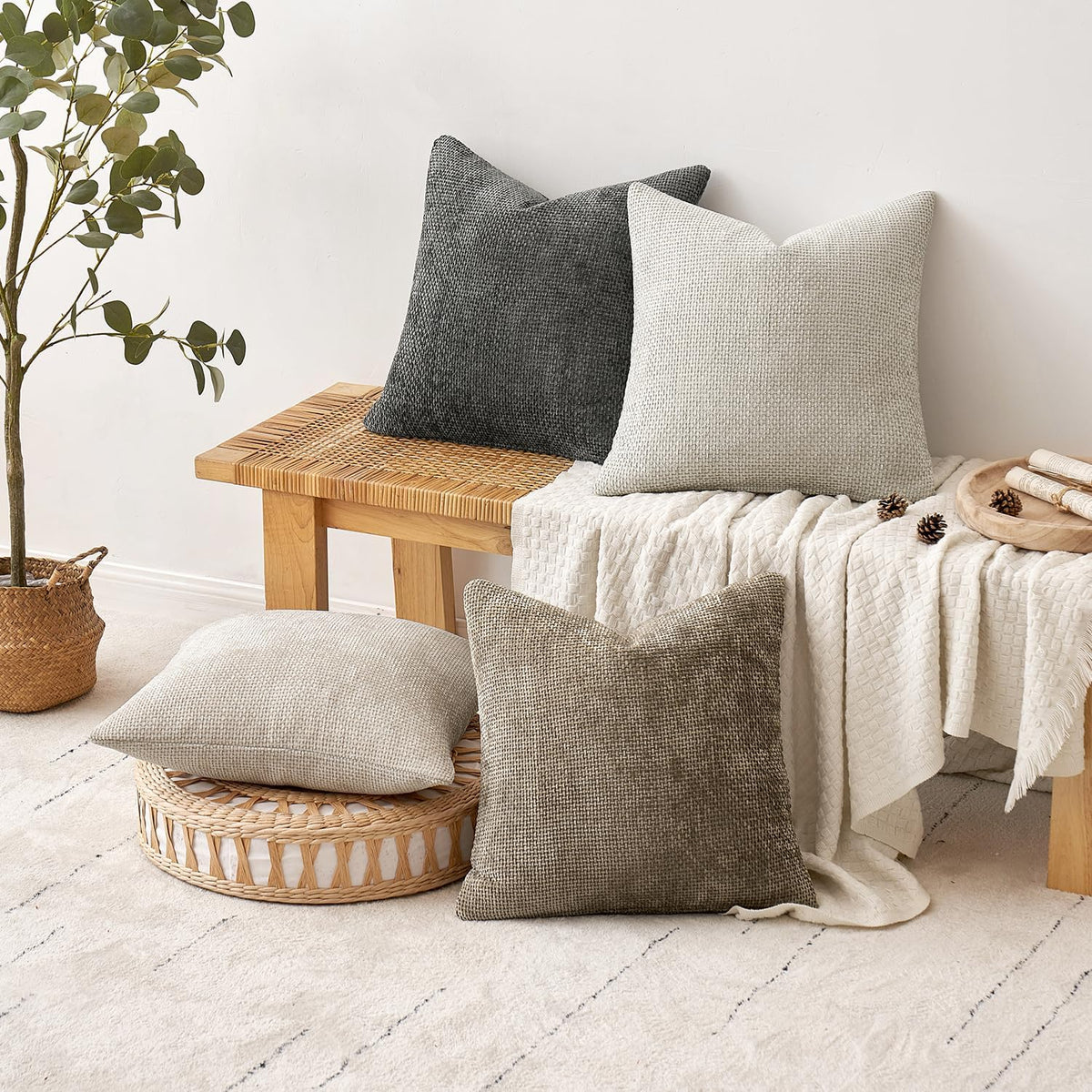 MIULEE Soft Decorative Chenille Euro Pillow Covers Neutral 24x24 Pack of 4