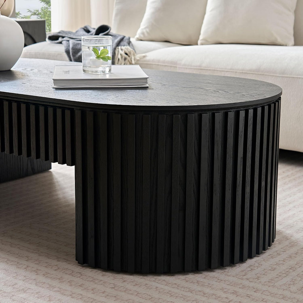 51.18'' Oval Wood Coffee Table with Drawer, Centre Table Tea Table Fluted Coffee Table Mid Century Modern Coffee Table Round Coffee Table Unique Coffee Table for Living Room Apartment-Black