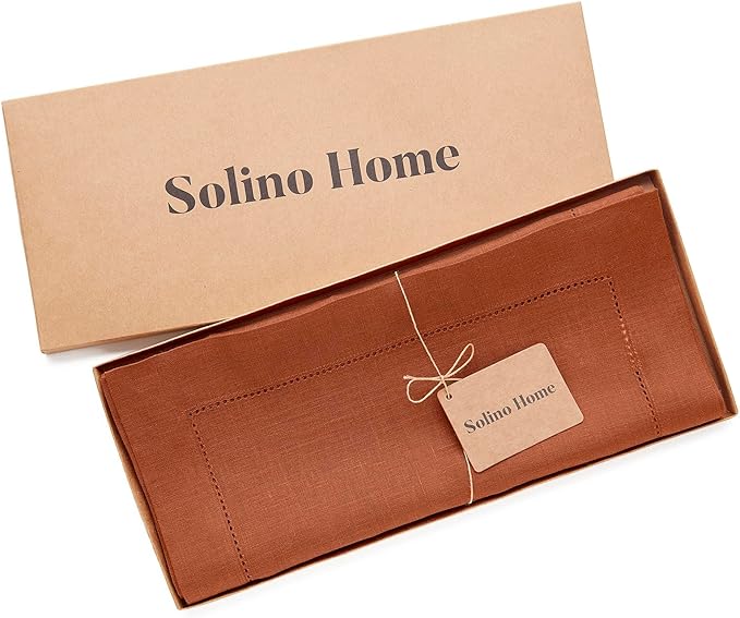 Solino Home Linen Cinnamon Hemstitch Table Runner 48 Inches - 100% Pure Linen Small Table Runner 14 x 48 Inch Ideal for Dresser and Coffee Tables - Classic Hemstitch - Fall, Halloween, Thanksgiving