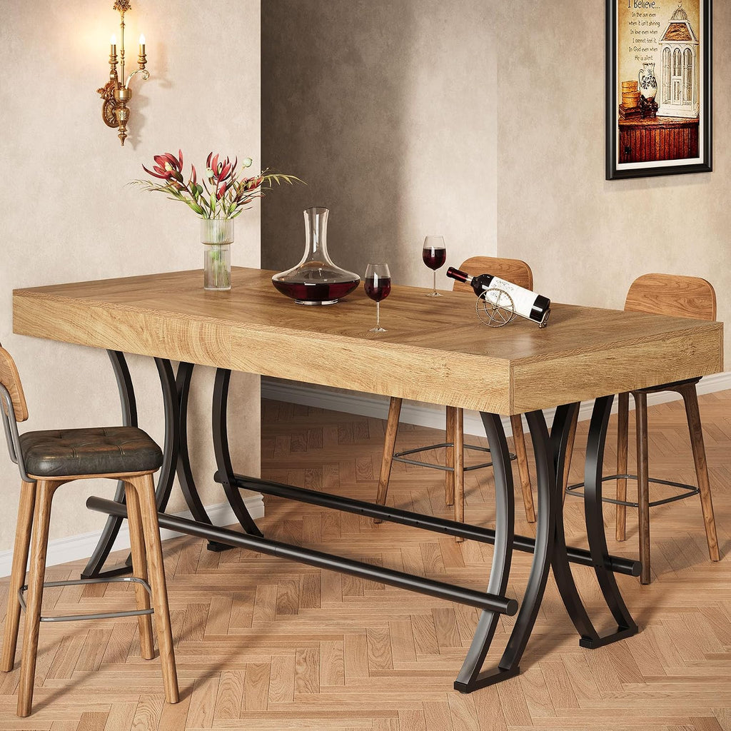 Tribesigns 63" Counter Height Bar Table with Metal Footrest, Rectangular Tall Kitchen Dining Pub Table, Industrial Home Bar Unit for Entertaining, Freestanding, Rustic Brown