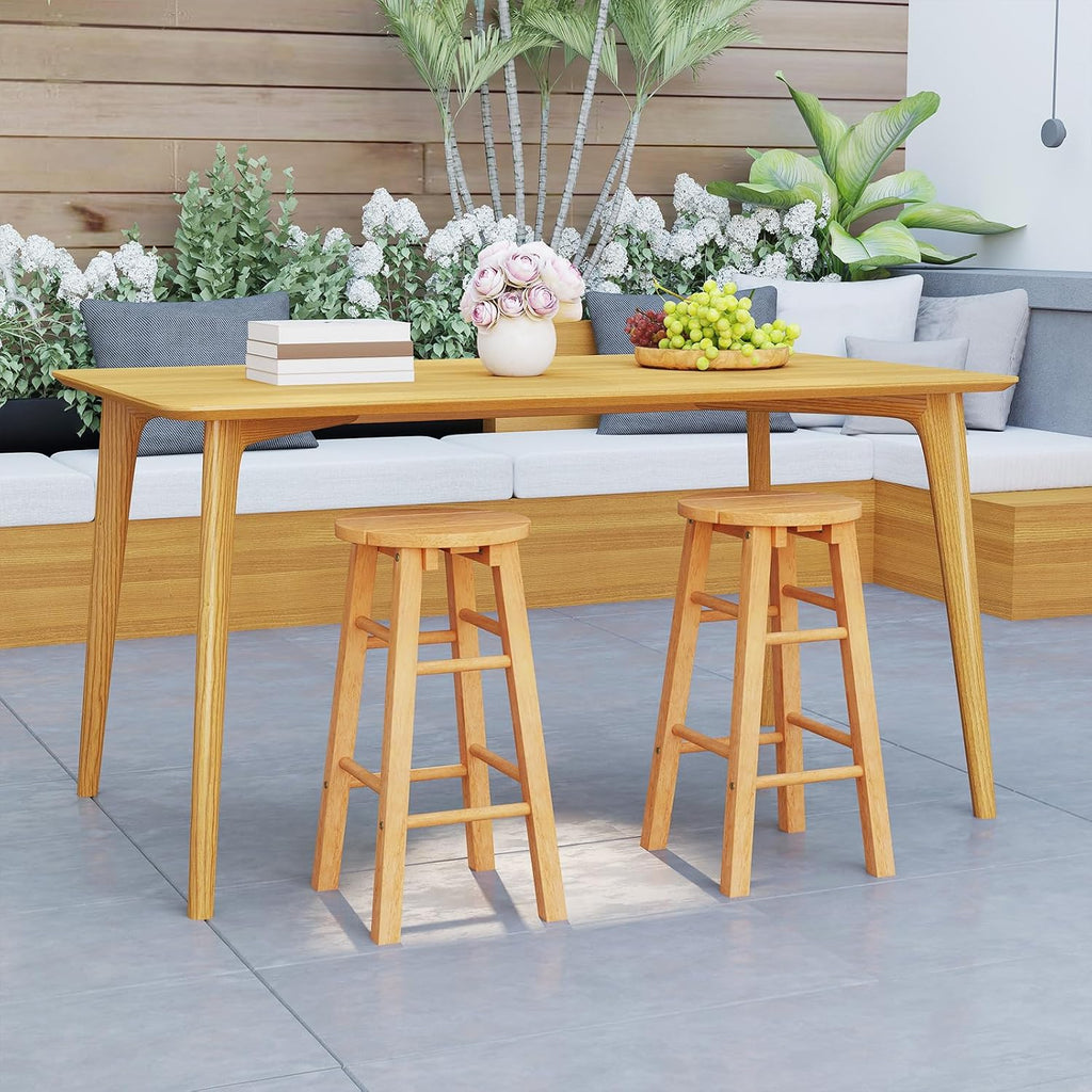 Tangkula Outdoor Wood Bar Stools Set of 2, Counter Height Backless Patio Barstools with Round Seat, Footrest, for Garden, Backyard, Balcony, Poolside, Natural (1,24 inches)