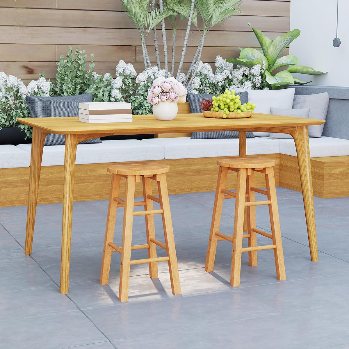 Tangkula Outdoor Wood Bar Stools Set of 2, Counter Height Backless Patio Barstools with Round Seat, Footrest, for Garden, Backyard, Balcony, Poolside, Natural (1,24 inches)