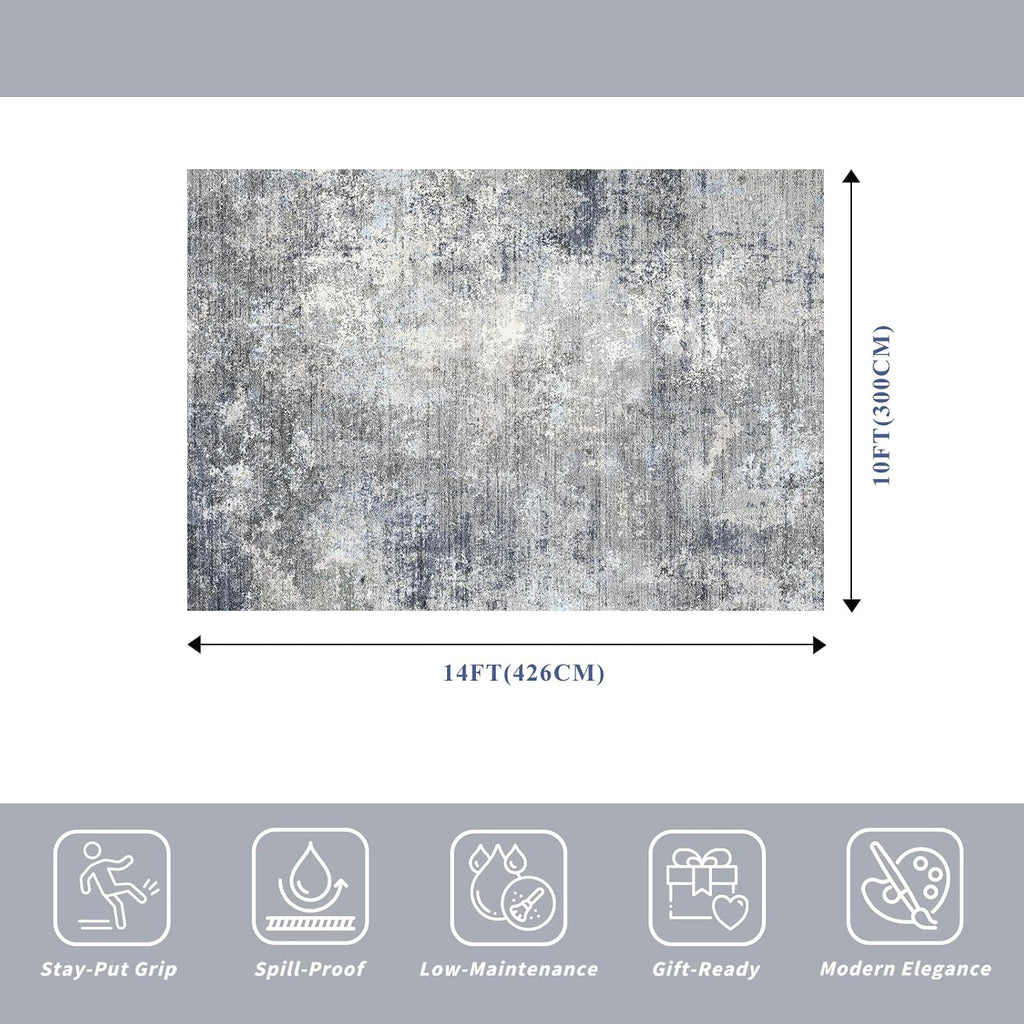 10x14 Area Rug for Living Room, Washable Modern Abstract Rug, Blue Grey