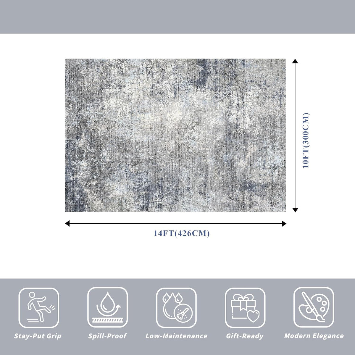 10x14 Area Rug for Living Room, Washable Modern Abstract Rug, Blue Grey