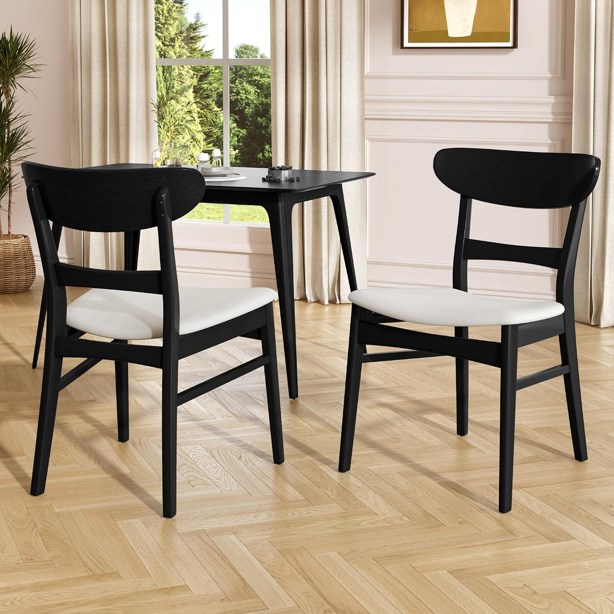 Wood Dining Room Table Set for 4,Mid Century Modern Dining Table Set,Kitchen Table Set for Breakfast Nook and Small Space,5 Piece Dining Table for Apartment,Living Room,Wooden Frame(Black+Light Beige)