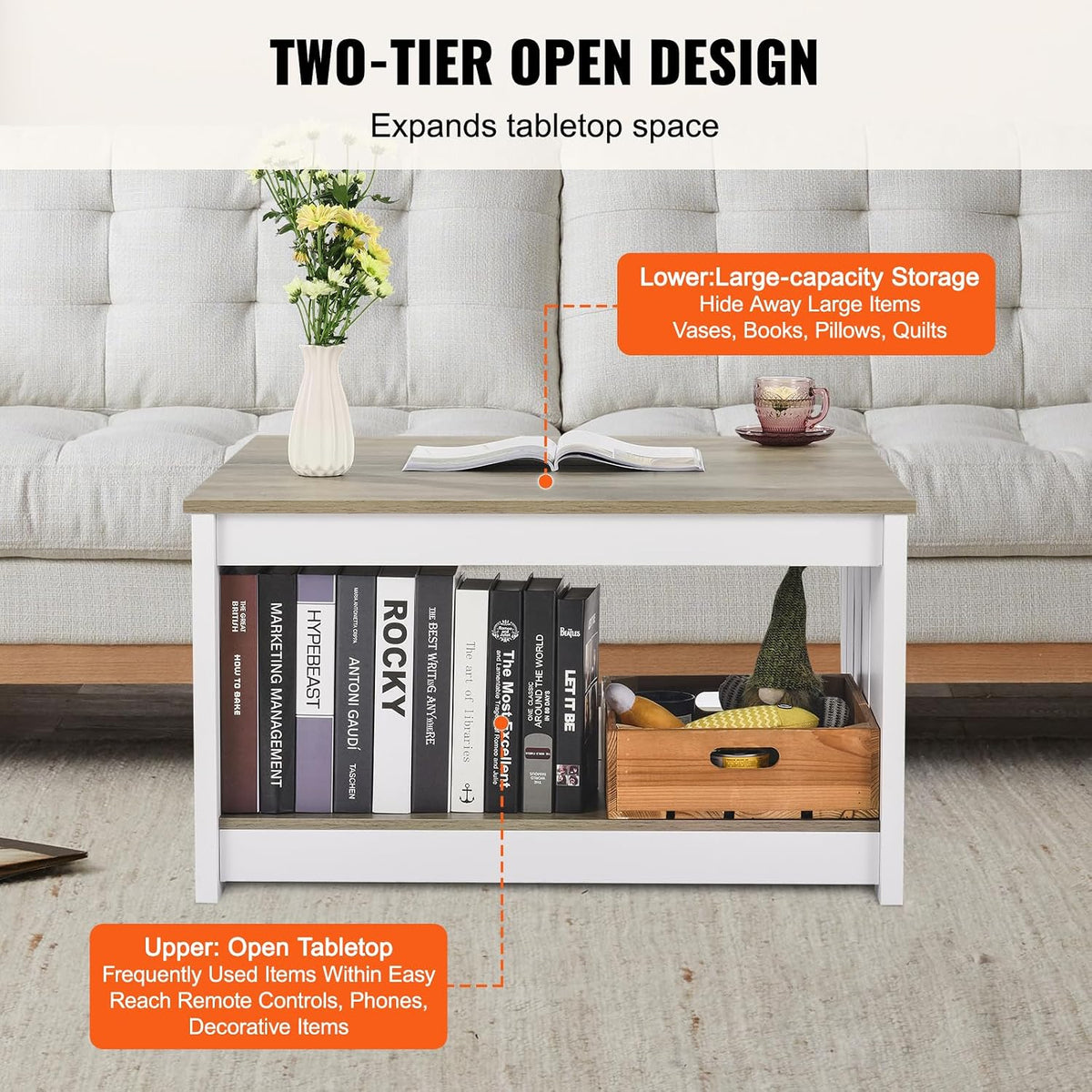 VEVOR 31.5" Farmhouse Coffee Table, Square Coffee Table with Open Storage Compartment, Wooden Rustic Cocktail Table for Living Room, Bedroom, Apartment, Studio, Grey & White