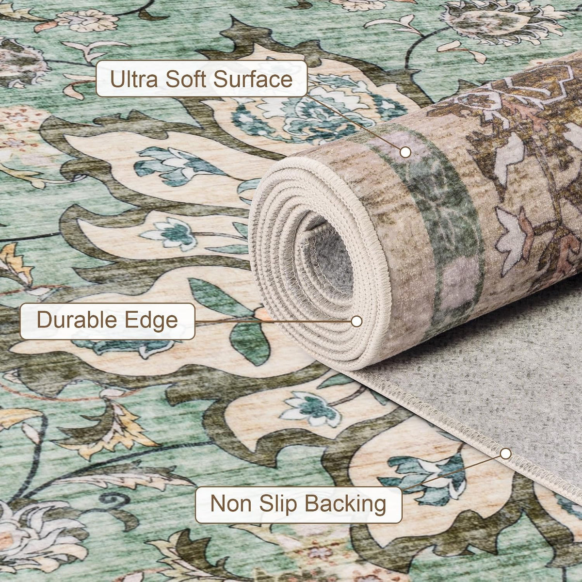 5x7 Area Rugs Living Room: Washable Rug for Bedroom Brown Green