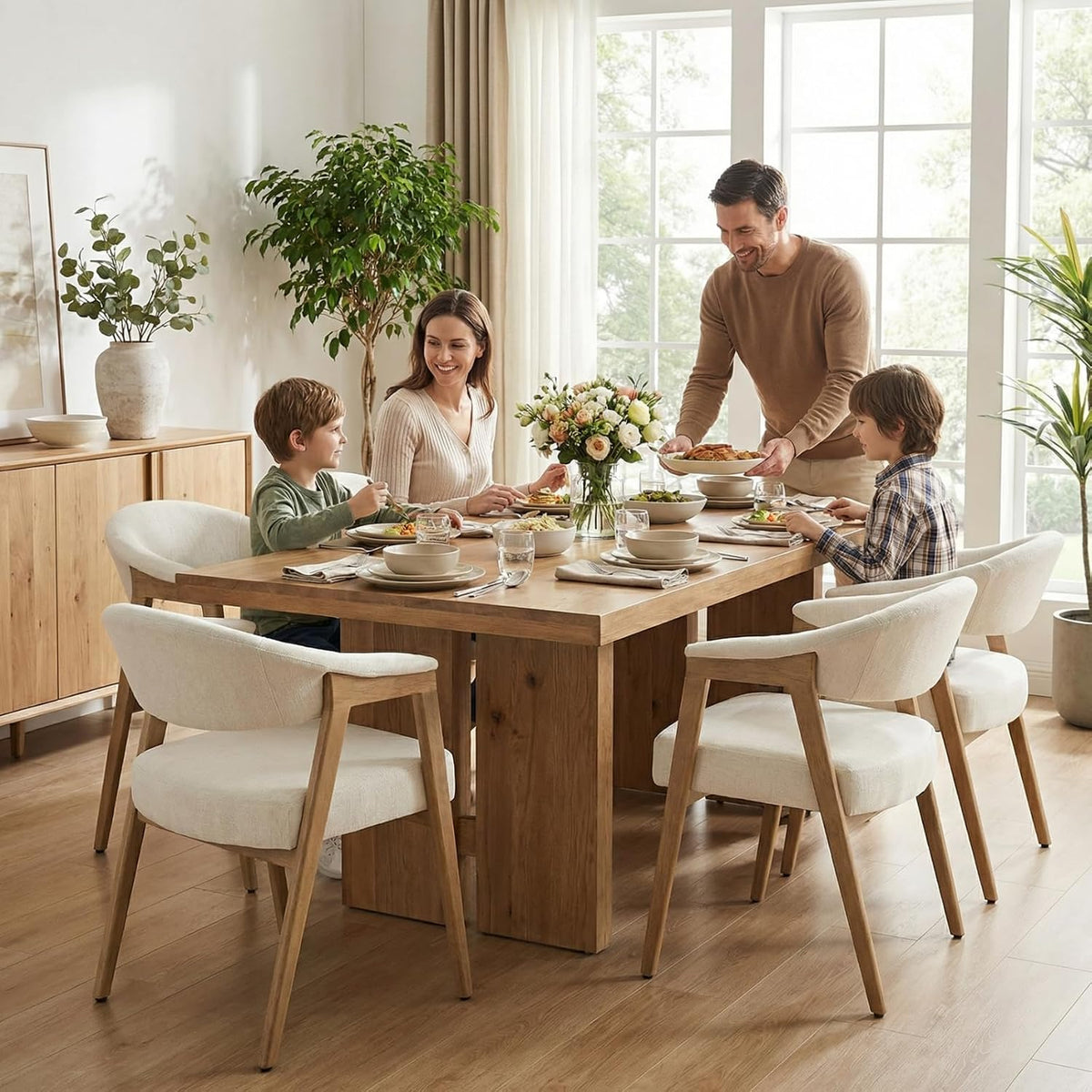 CIMOTA Upholstered Dining Chairs with Arms Set of 6, Mid Century Modern Kitchen & Dining Room Chairs, Comfortable Curved Backrest & Trapezoid Solid Wood Legs, Linen Beige