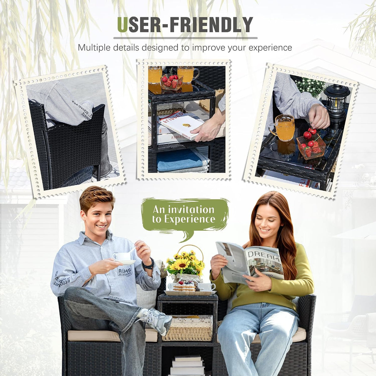 Greesum Patio Loveseat Outdoor Wicker Furniture Conversation Set,Beige