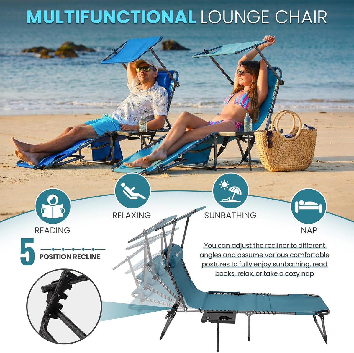 FUNDANGO 400lbs Heavy Duty Tanning Chair with Face Hole & Canopy, Cyan