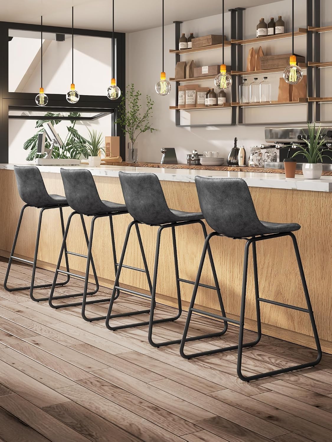 26in Bar Stools Counter Height Chairs Set of 3 Metal Legs (Gray)