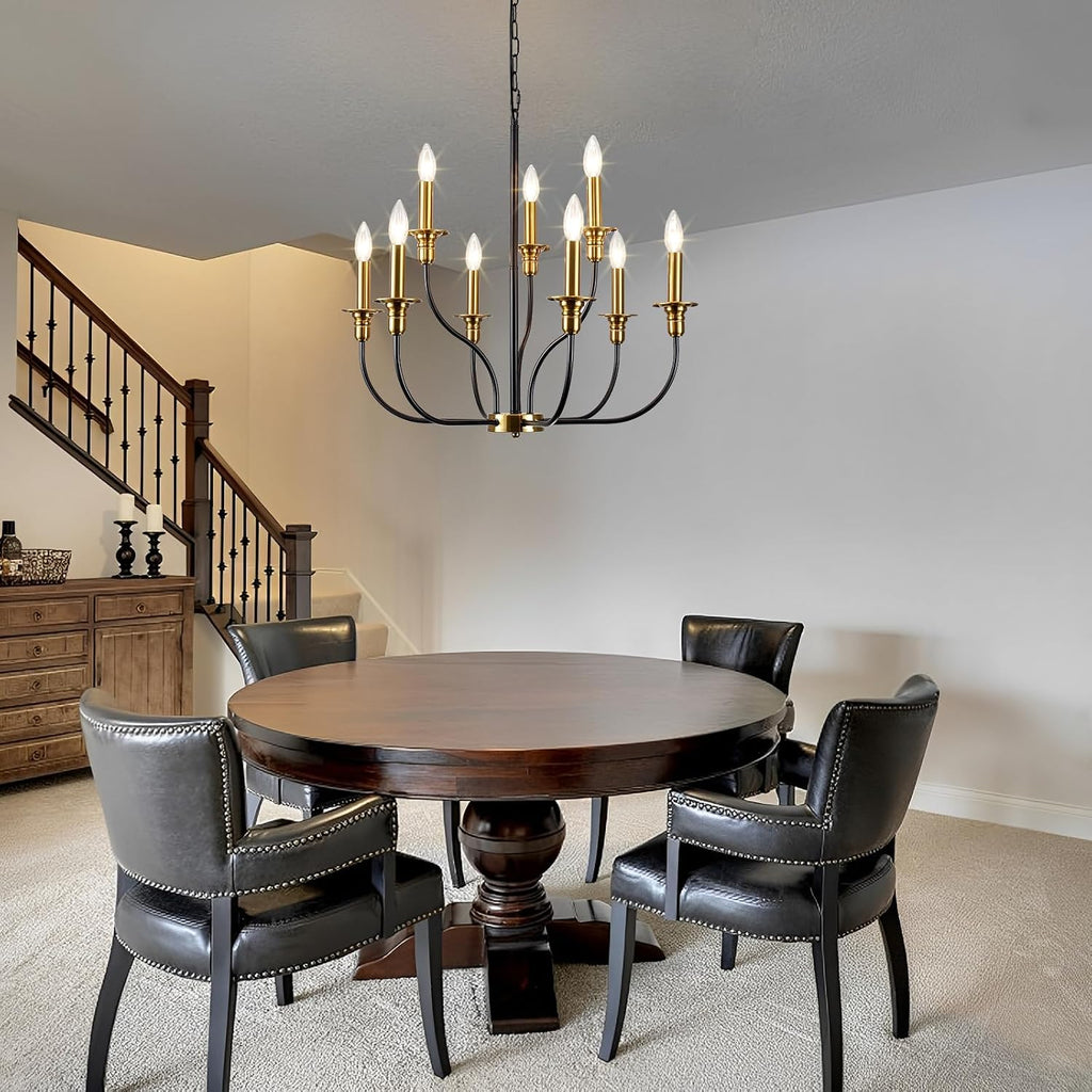 9-Lights Black and Gold Chandelier, 2-Tier Farmhouse Chandeliers 25.98"