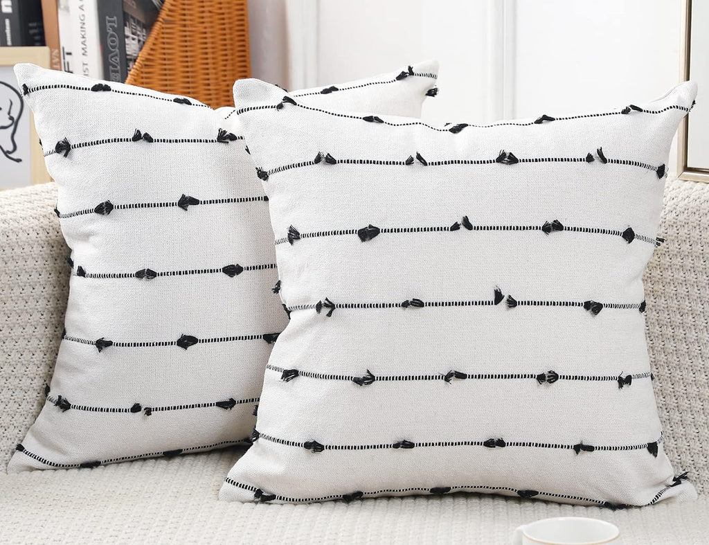 NUYECY Set of 2 Boho Throw Pillow Covers 30x30,Black Off White Neutral Couch Pillow Case with Tassel Fringe Decorative，Modern Accent Farmhouse Cushion Covers for Sofa Couch Bed Living Room