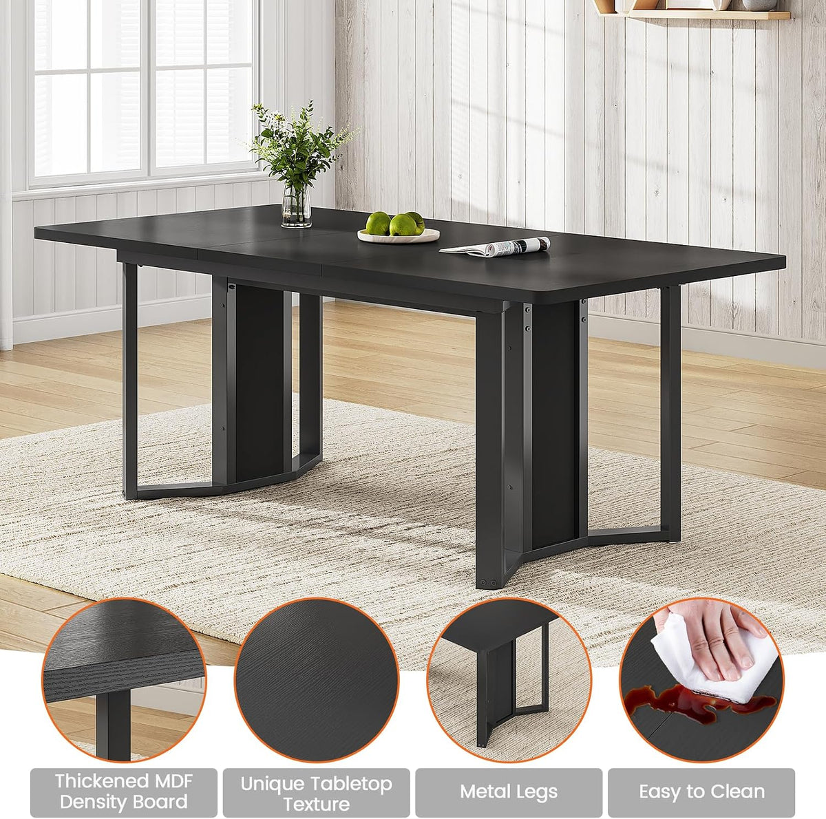 Itaar 5-Piece Dining Table Set for 4-6 People, 63" Extendable Kitchen Table and 4 Cushion Chairs, Dining Room Table with MDF Board & Metal Frame for Small Space, Easy Clean, Black