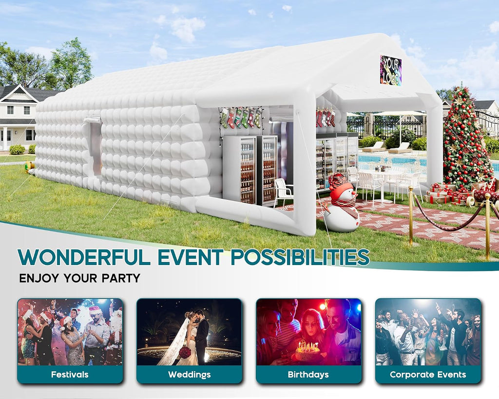 Albott 39x20x14 FT Large Inflatable Nightclub Tent for Adults with Pavilion Rest Area, Black Inflatable Night Club Gazebo with 2 Side Doors & Logo Area for Wedding, Birthday, Backyard Events, White