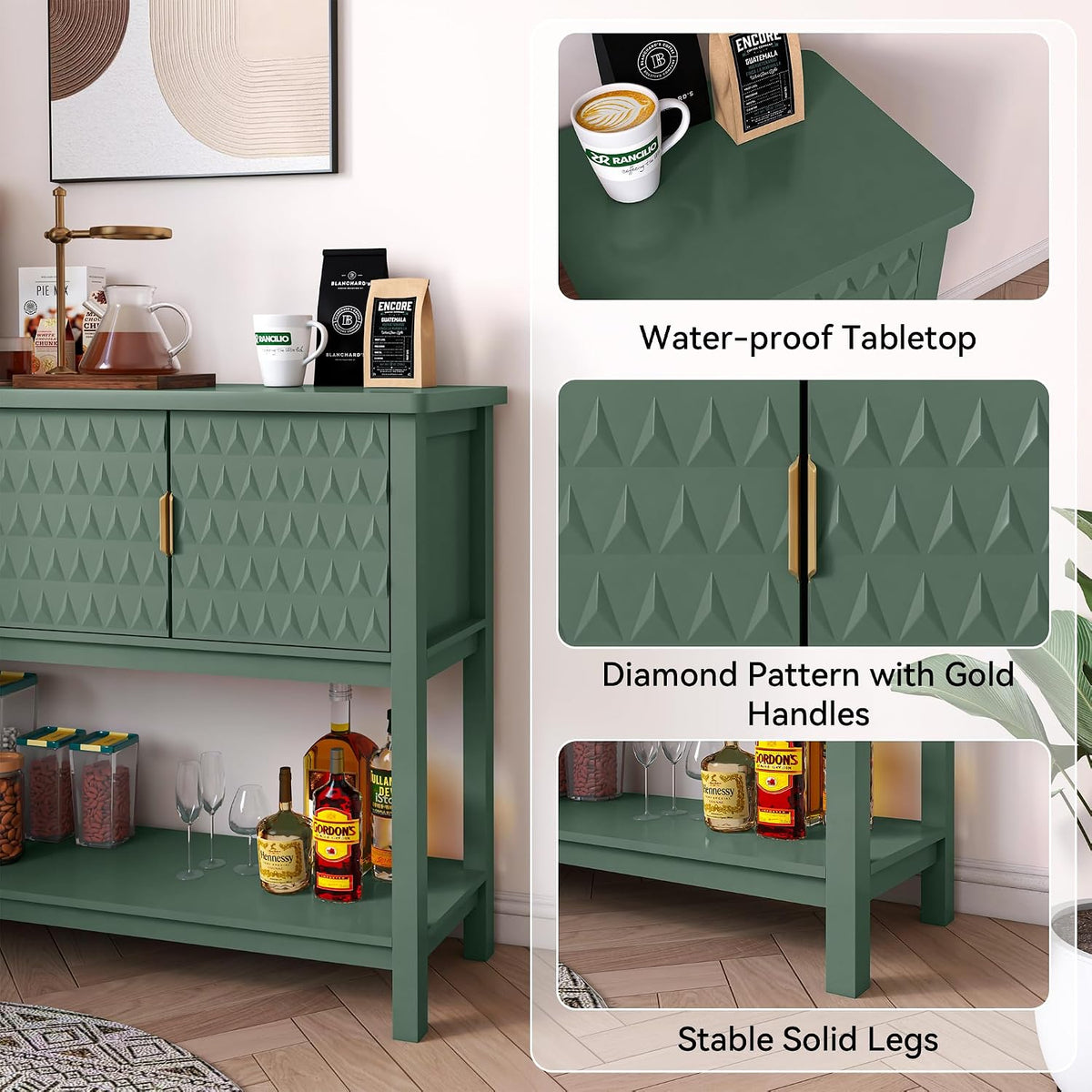 42” Modern Console Table with 3 Diamond Doors & Shelf for Entryway, Green