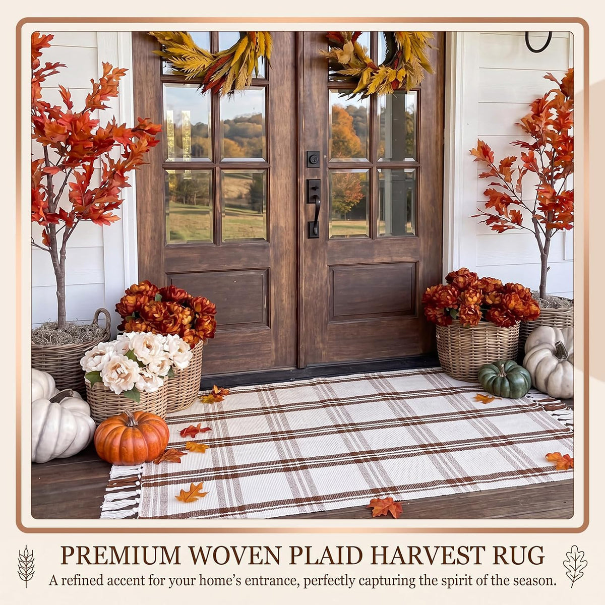 Breling Fall Outdoor Rug 28" x 43" Beige Plaid Door Mat with Tassels
