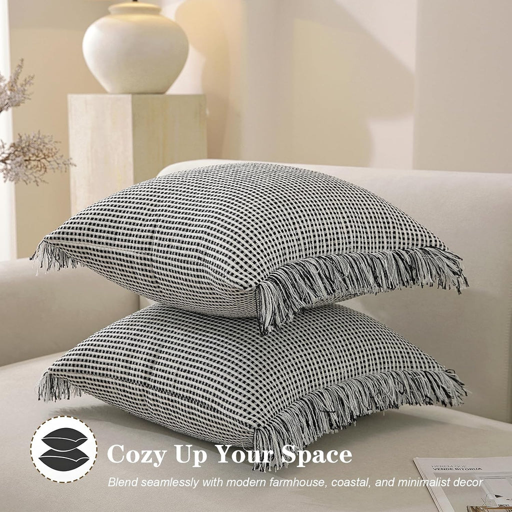 Boho Throw Pillow Covers 20x20 Set of 2 Soft Cotton Striped Fringe Pillow Cover Farmhouse Cushion Covers with Elegant Handmade Tassel Decorative Square Pillowcase for Couch Sofa Bed, Black