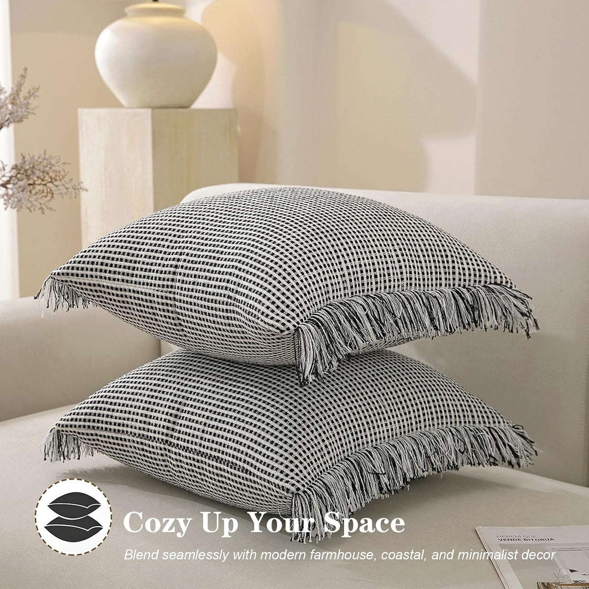 Boho Throw Pillow Covers 20x20 Set of 2 Soft Cotton Striped Fringe Pillow Cover Farmhouse Cushion Covers with Elegant Handmade Tassel Decorative Square Pillowcase for Couch Sofa Bed, Black