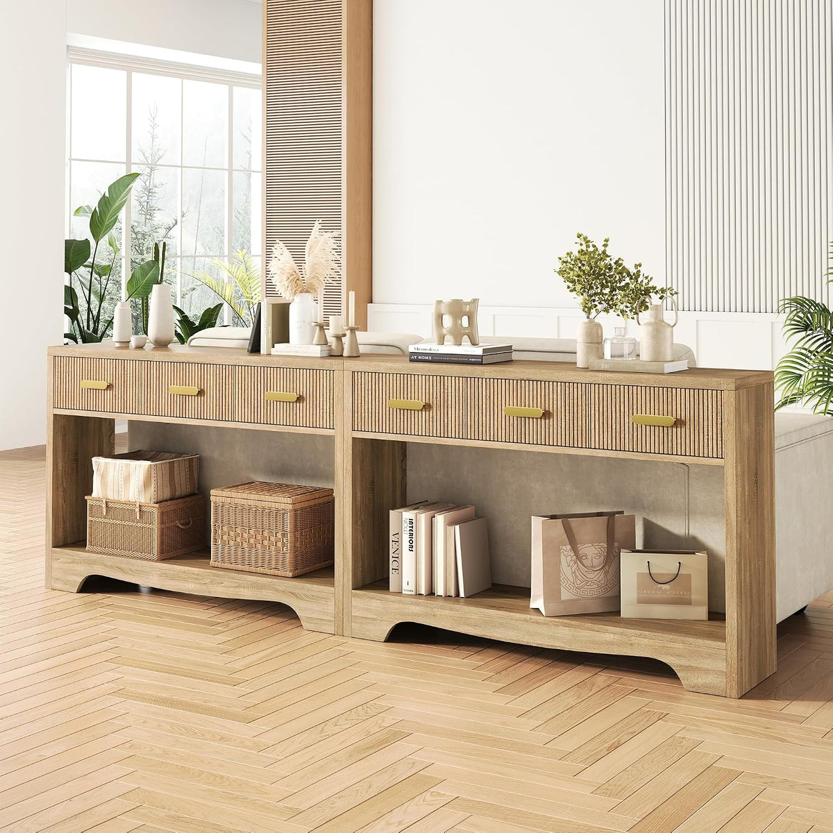 Luoxiao Fluted Console Table, 47" Entryway Table with 3 Drawers Storage