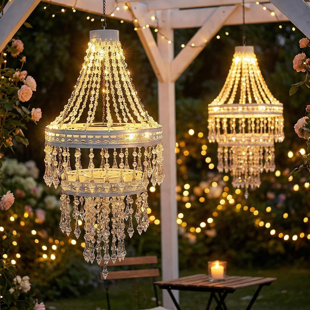 Solar Crystal Hanging Chandelier Outdoor Decorative Garden Light | Acrylic Crystals with 30 Warm LEDs for Gazebo, Wedding, Party, Tree Perfect Gift for Mom