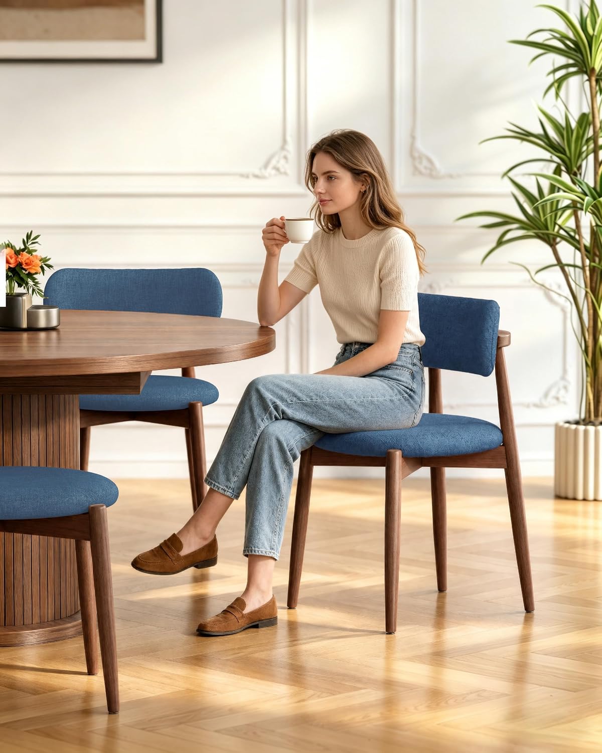 Wooden Dining Chairs Set of 6, Mid Century Modern Upholstered Kitchen Chairs with Solid Wood Legs, 350lb Heavy Duty Padded Side Chairs for Dining Room & Vanity, Blue