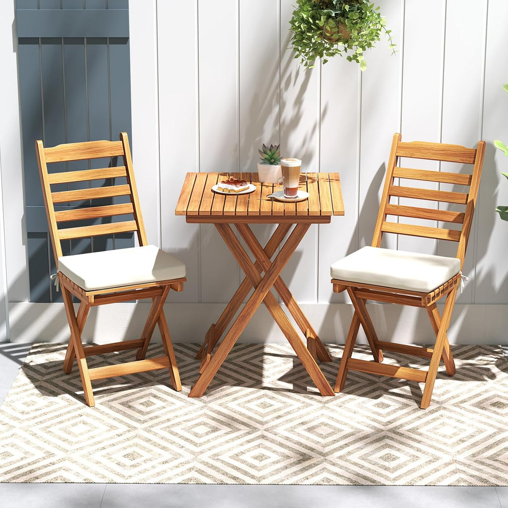 Tangkula Outdoor Wood Bistro Set, Folding Chair Table Set w/Soft Seat Cushions, Acacia Wood High Back Armless Chairs w/Table, Patio Cushioned Dining Set for Backyard, Poolside (White)