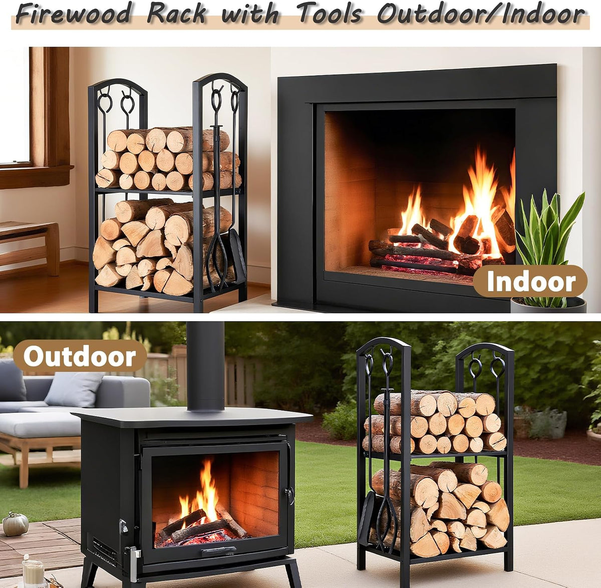 FEED GARDEN Firewood Rack Log Holder with 4-Piece Fireplace Tool Set, 29" H