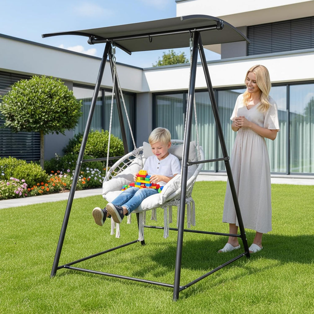 OnCloud Outdoor Hammock Chair Stand with Canopy, Heavy Duty Hammock Stand Only, Swing Stand with 3 Hooks, Max Load 660lbs, Fits Most Hanging Chairs Frame, Black