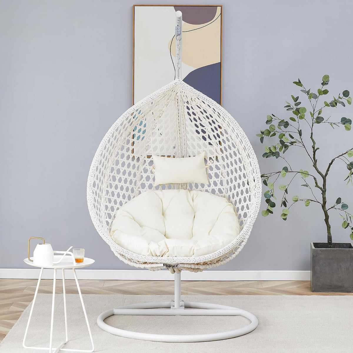 Egg Swing Chair with Stand Outdoor Indoor, Hanging Egg Chair with Cushions and Pillow,300lbs Capacity for Porch, Patio,Garden, Bedroom, Balcony, White