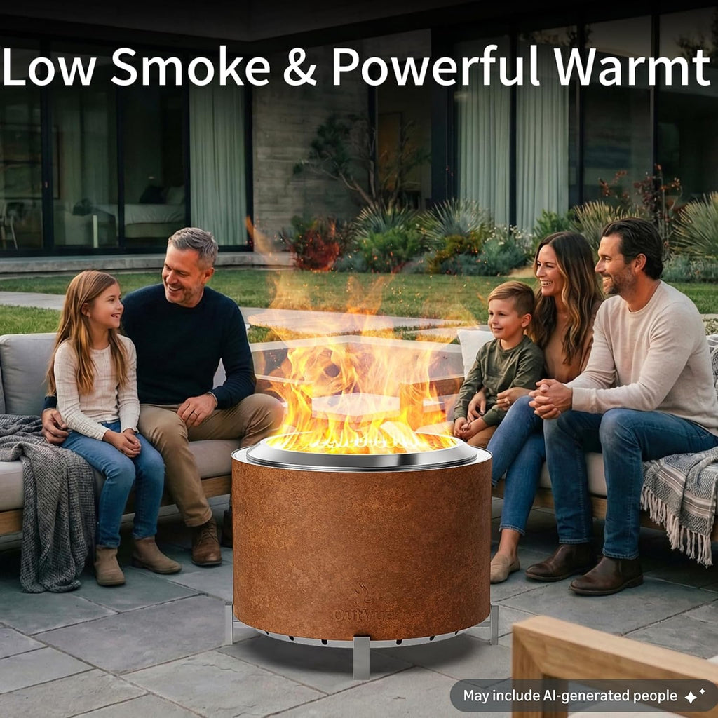 outvue 27 inch stainless steel smokeless fire pit shown in use