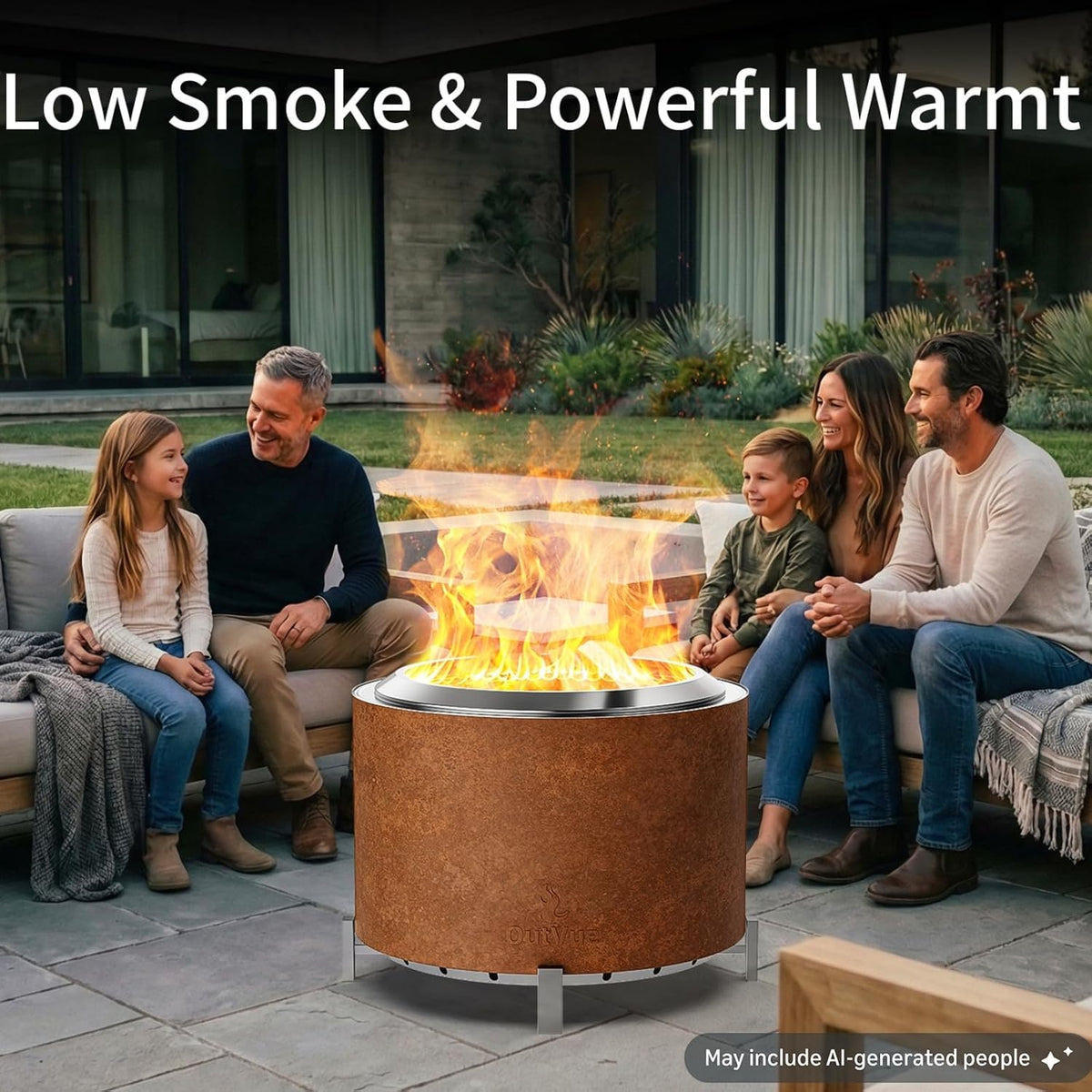 outvue 27 inch stainless steel smokeless fire pit shown in use